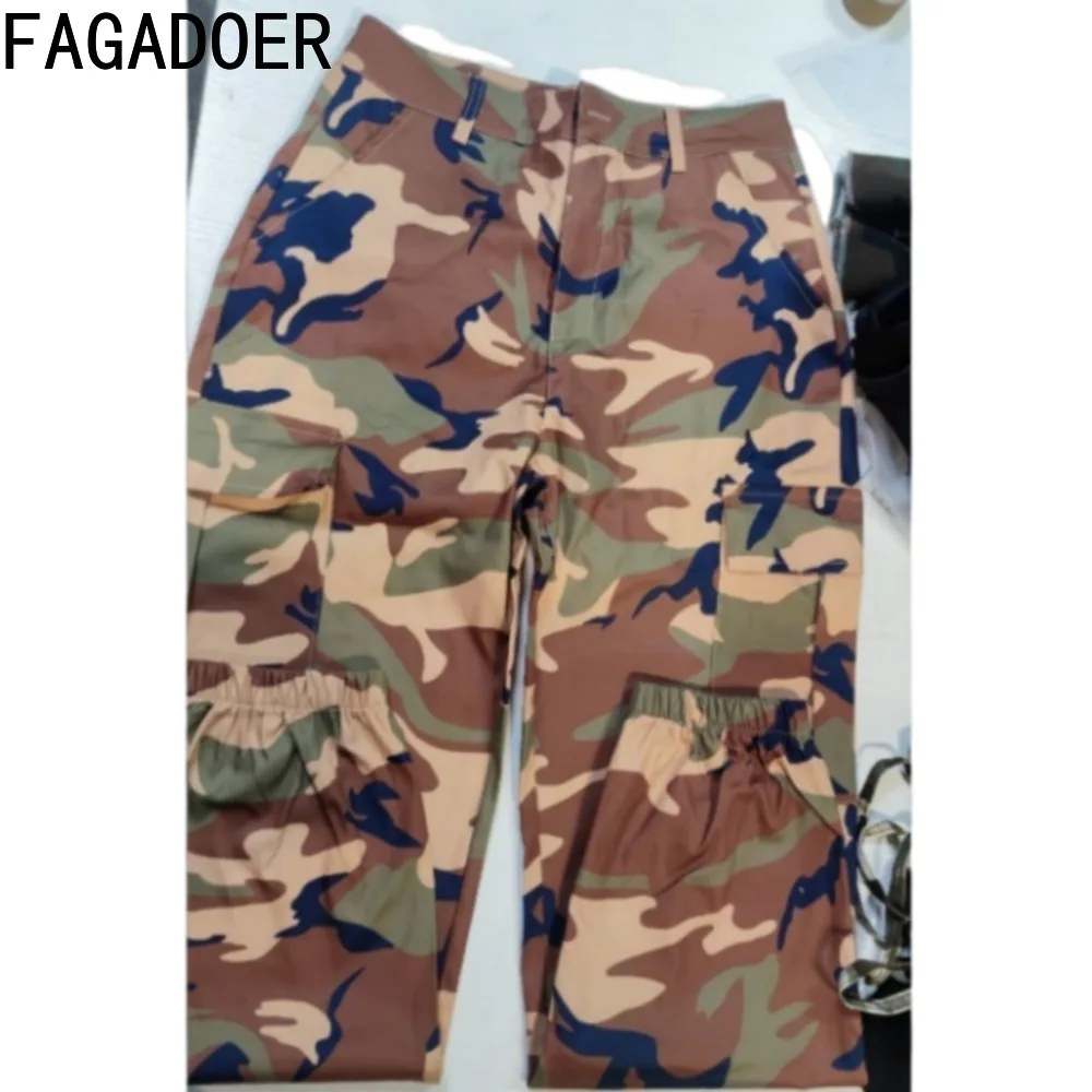 FAGADOER Fashion Streetwear Women Camouflage Print High Waisted Button Pocket Jogger Pants Casual Female Sporty Skinny Bottoms