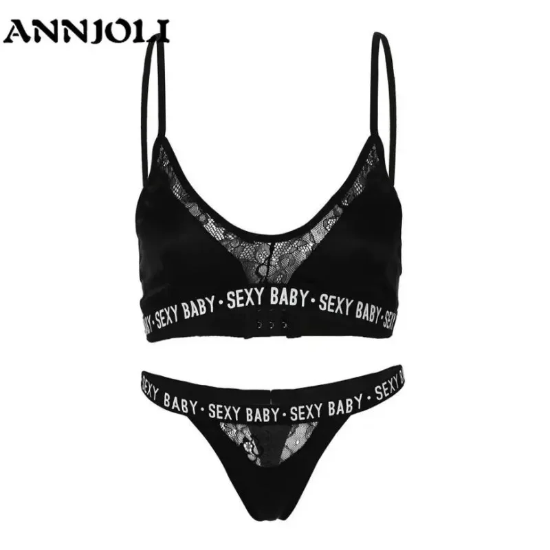 ANNJOLI Sexy Women's Underwear Bra Set Bralette Women Bra Letter Print Lace Patchwork Women's Underwear Sets and Panty Set