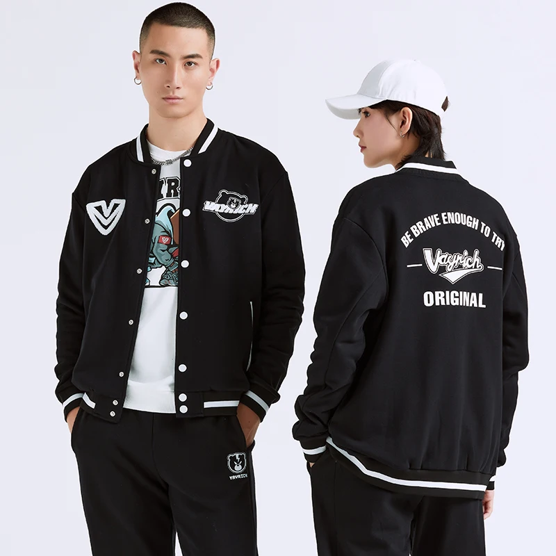 Lightning Bear Vayrich Branded Cotton Full-Snap Baseball Bomber Jacket Streetwear Hip Hop Unisex College Casual Outerwear Coats