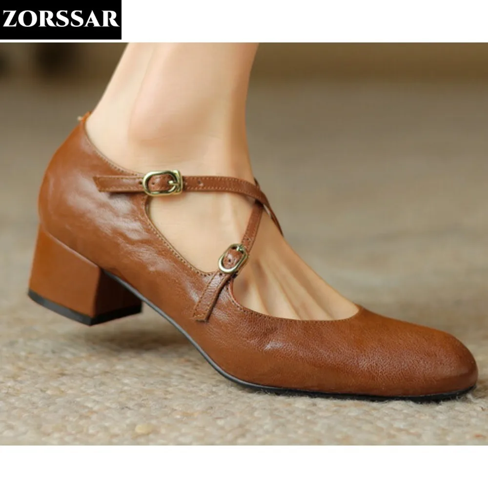 

Women's Flats Genuine Leather Retro Mary Janes Shoes Square Toe Double Buckle Designer Shoes Black Brown Low Heels Female Autumn