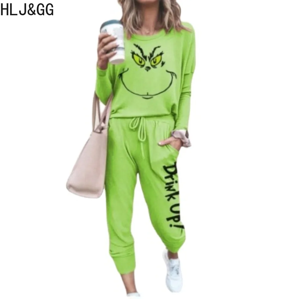 HLJ&GG Fashion Street Style Women Round Neck Long Sleeve Top And Jogger Pants Two Piece Sets Female Matching Sporty 2pcs Outfits
