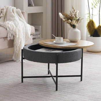 BonChoice Rustic Round Coffee Table with Removable Top & Storage for Living Room, Sofa Side Tables Brown