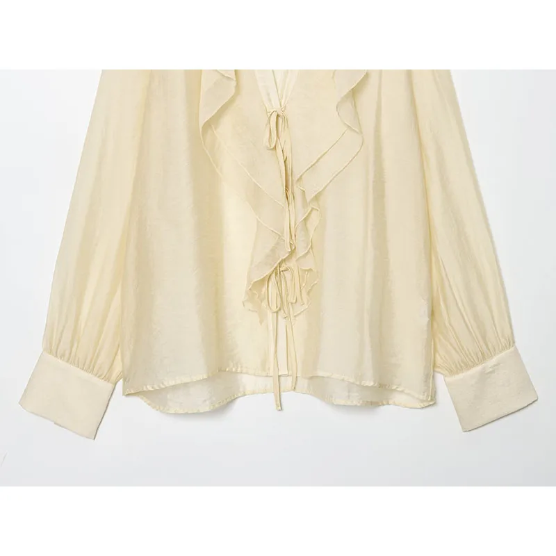 Chic Sexy Women Translucent Ruffles Blouses 2025 New Fashion V-neck Bow Tied Shirt Causal Tops Beach Style Solid Shirts