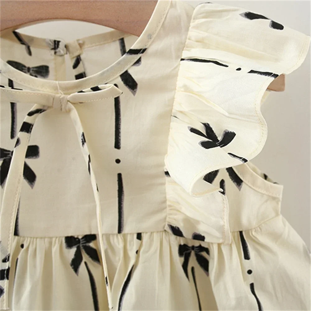 Baby Girl Summer New Dress Black Bow Print Fly Sleeve Round Neck Girl Princess Dress Queue Dress