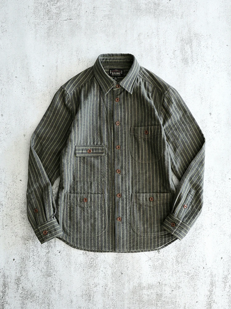 

Amekaji Wear Clothes Men Vintage Stripe Multi-Pocket Work Pants Shirt Coat Cotton Long Sleeve Casual Good Quality
