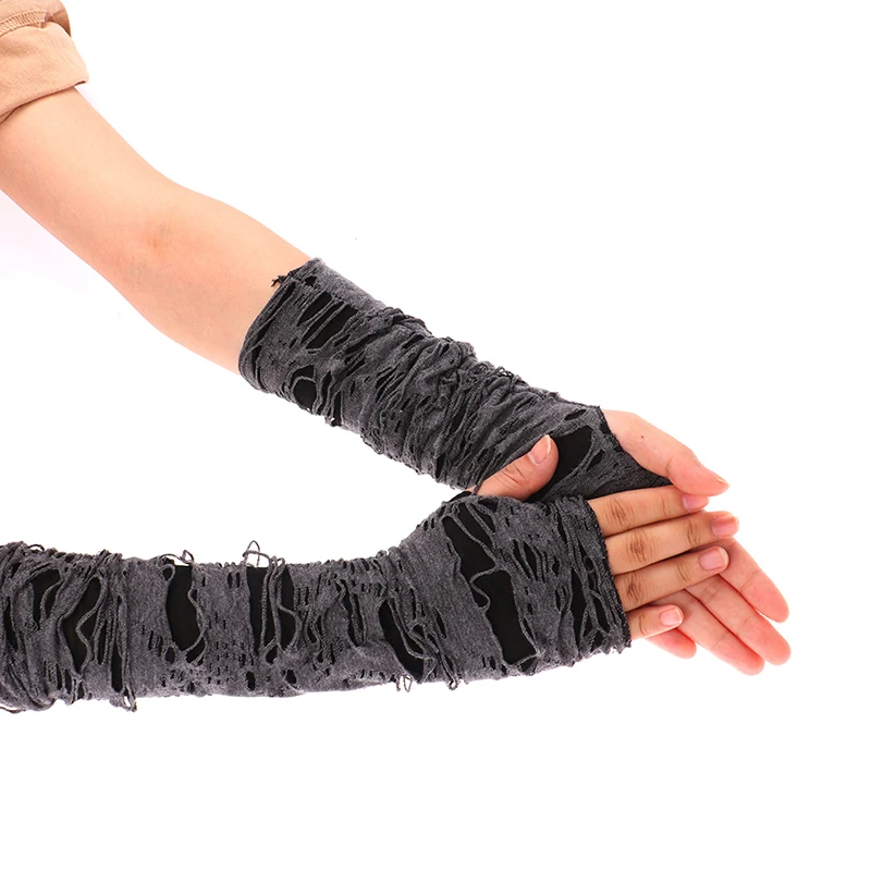 2PCS Black Ripped Holes Decor Cosplay Gloves For Adults Sexy Gothic Fingerless Gloves Casaul Broken Slit Gloves Halloween Gloves