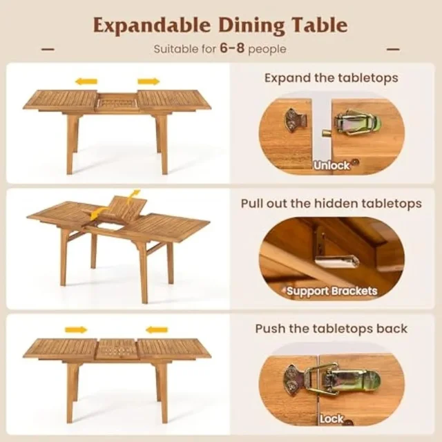Set da pranzo da esterno in legno di acacia per 6-8 persone con tavolo e sedie espandibili, dotato di foro per ombrellone da 1,97 pollici e design traspirante 6