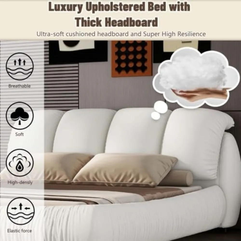 Luxury Upholstered Platform Bed with Thick Headboard,Leather Queen Bed with Oversized Padded Backrest,Platform Bed Frame 3