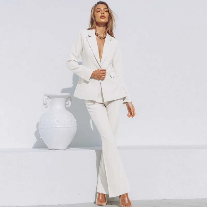 Autumn Winter Women OL Blazers Pants 2 Pcs Work Clothing Set Office Lady Casual White Suit Jacket Flare Trousers Outfits 2022