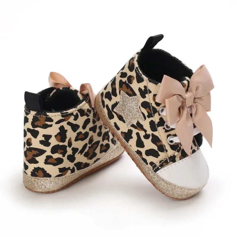 0-12M Newborn Baby Girl Boys Shoes Leopard Star Printed Bowknot Walking Soft-Soled First Walker Shoes 2