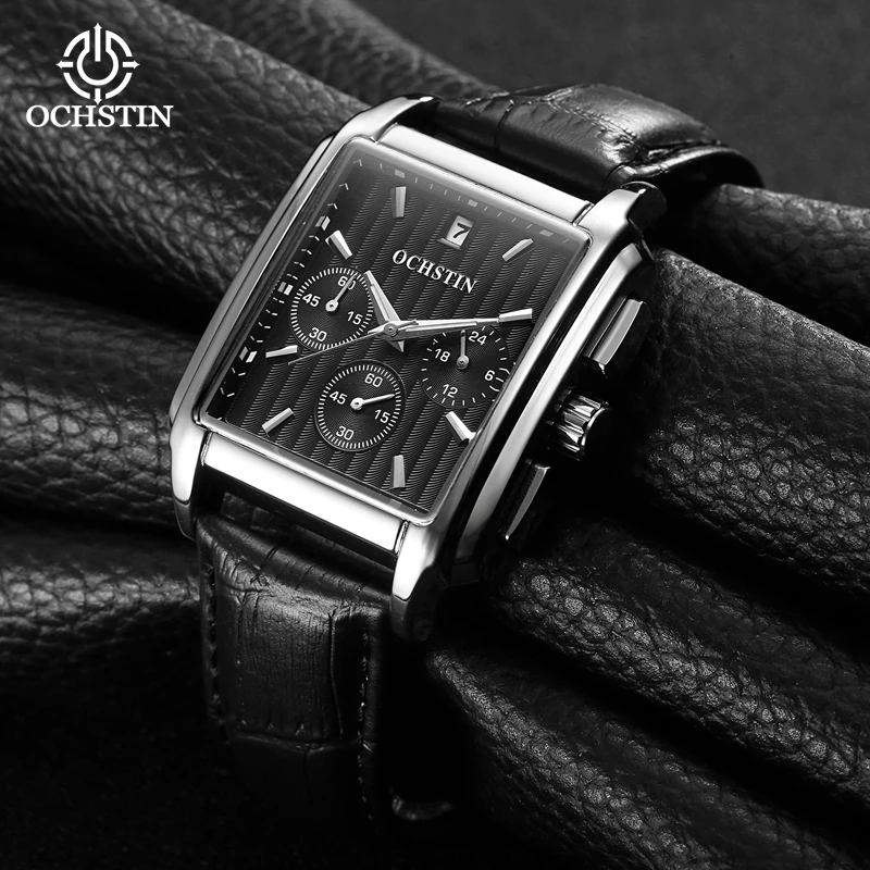 OCHSTIN Prominente Series Luxury Trend Multi-functional Calendar Men's Quartz Watch Luminous Square Dial Leather Strap
