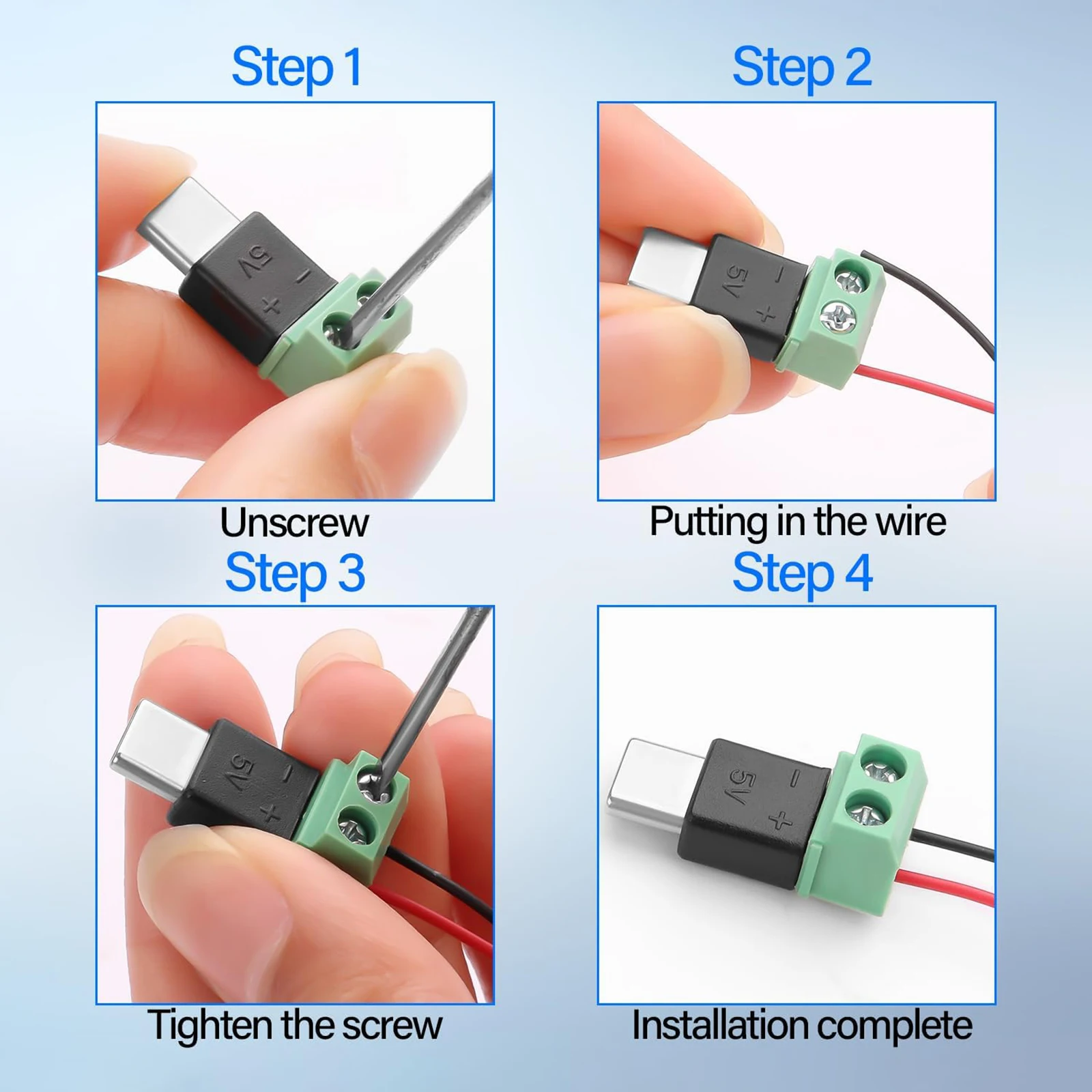 USB 타입 C 남성-2핀 나사 단자 충전 어댑터 5V 타입 C 2핀 무납땜 OTG 커넥터 (모바일 기기 충전용)