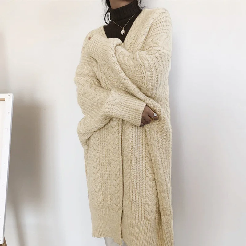 

Women's Cardigan Sweater Solid Color 2022 Autumn Winter New Fashion Outerwear Casual Long Coats Loose Female Knitted Jackets