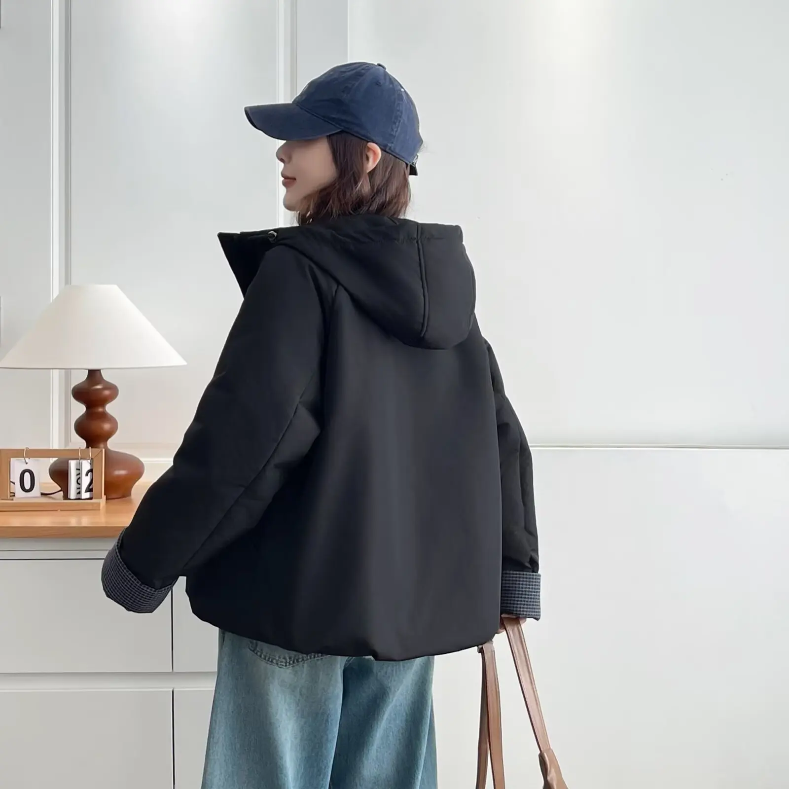 XXXXL Fashion Plus Size Women's Parkas Simple Cuffs Block Color Fleece And Thickened Hooded Jacket For Winter Padded Coat 8647