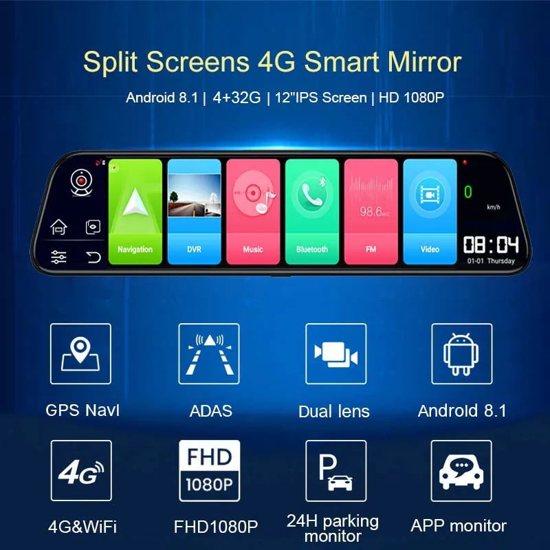 12 Inch Car WIFI Dash Camera 4+32GB GPS Navigation Rearview Mirror G-sensor Auto Recorder Android 8.1 ADAS Remote monitor