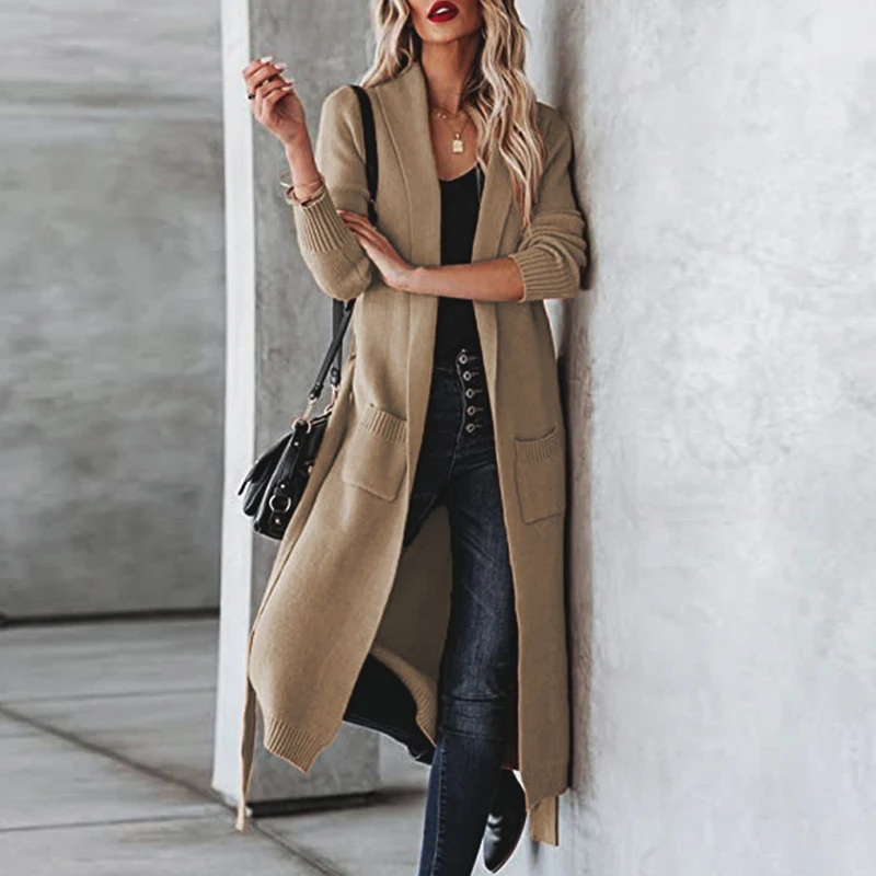 

Fashion Simple Casual High Street Knitted Sweater Elegant Solid Color Long Coat Autumn Winter Commute Sweater Cardigan Outerwear