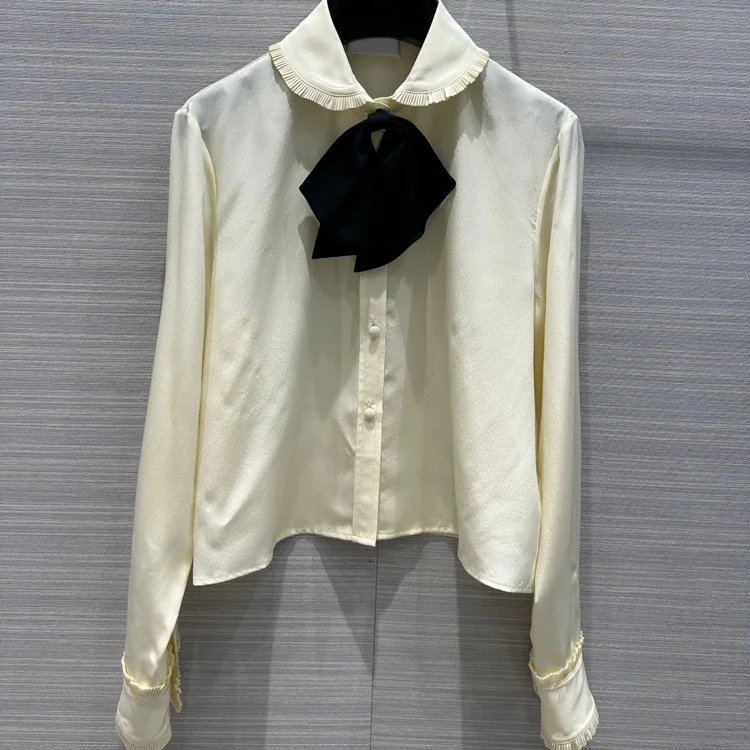 

2023 Silk Shirt Korean Girls Elegant and Unique Commuter Bow Design Polo Collar Long Sleeve Shirt Autumn