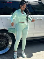 Weird Puss Casual 2 Piece Set Tracksuit Elastic Patchwork Stripe Tight Zip Crop Jacket+Leggings Matching Streetwear Sporty Suits - Image 2