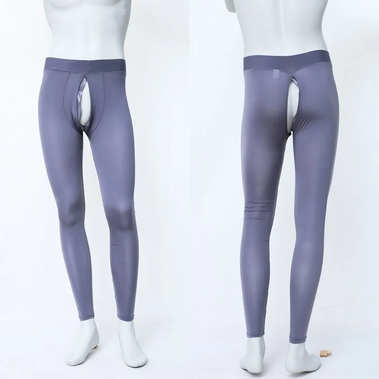 Invisible Zipper Open Crotch Sexy Mens See Through Leggings Ice Silk Ultra-thin Transparent Tight Pants Underwear