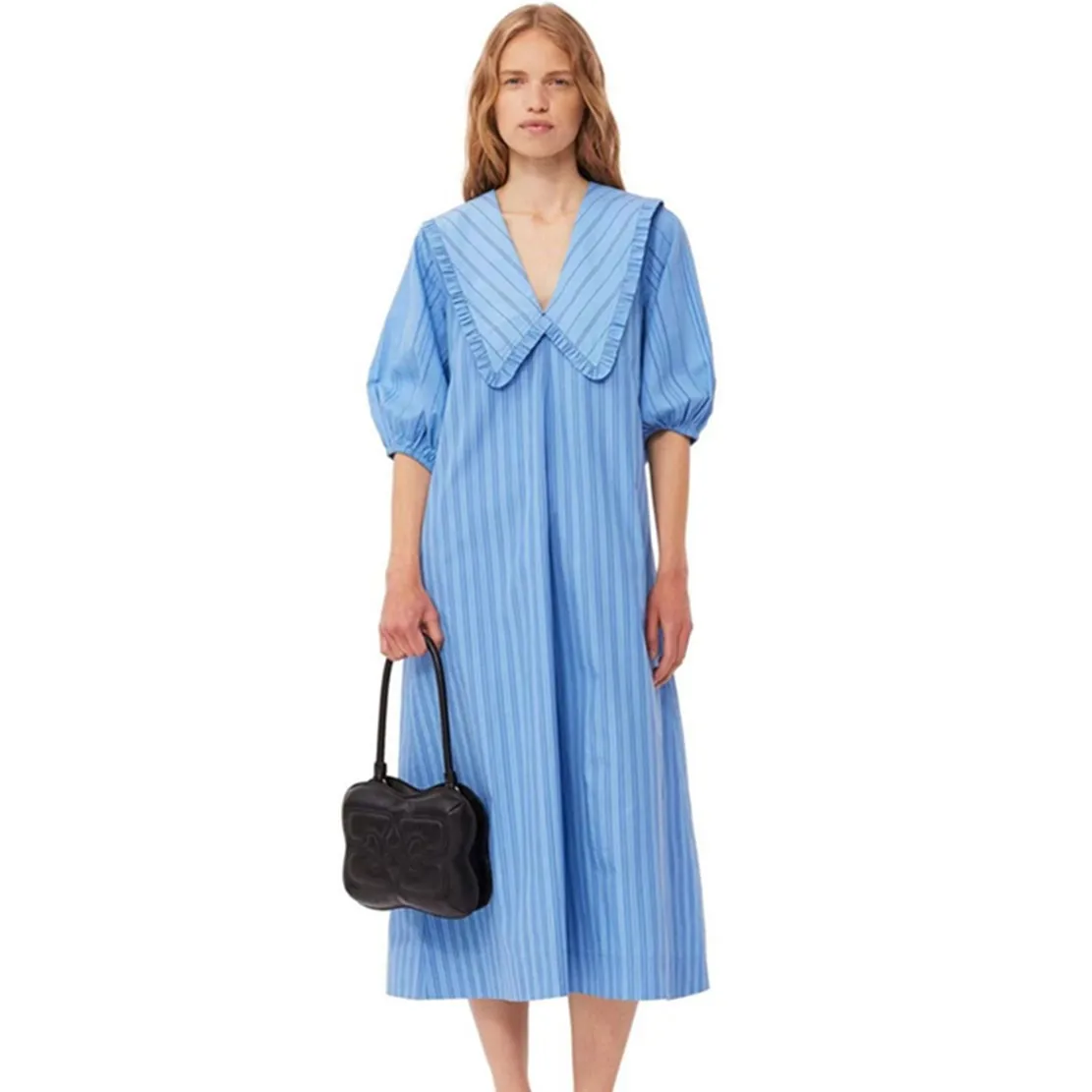 

Maxdutti Minimalist College Style Dress Women With Blue Stripe Patchwork Loose Peter Pan Collar Short Sleeved Midi Dress