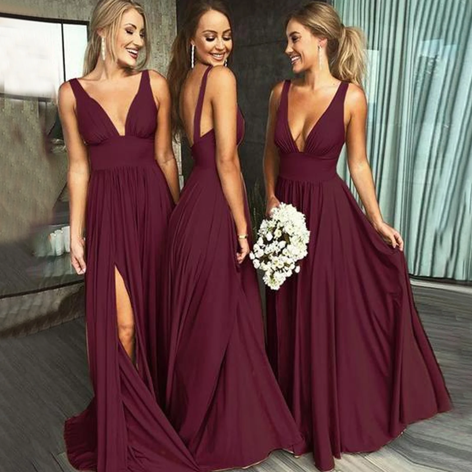 

Sexy V-Neck Custom Color Bridesmaid Dresses Slit Elegant Sleeveless A-Line Wedding Party Gown Plus Size Women Vestidos Para Boda