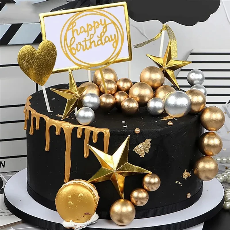 

10pcs 2-3cm Gold Silver Ball Cake Topper Happy Birthday Cake Decoration DIY Cupcake Flag Kids Baby Shower Wedding Party Supplies