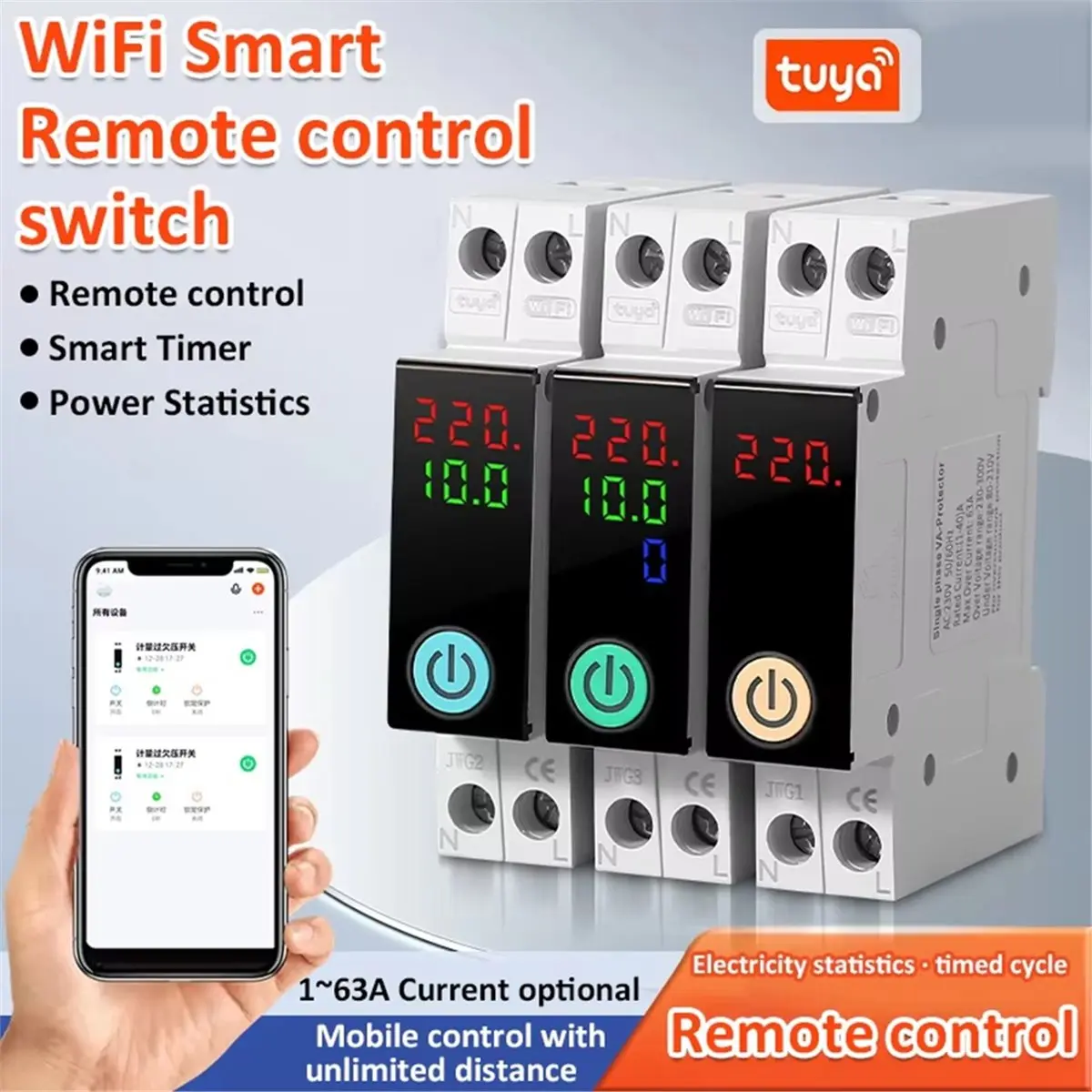 A10R Wifi 회로 차단기 스위치 Kwh 계량 타이머 과전압 및 저전압 보호 장치 1-63A 전원 차단 타이머 스위치 A