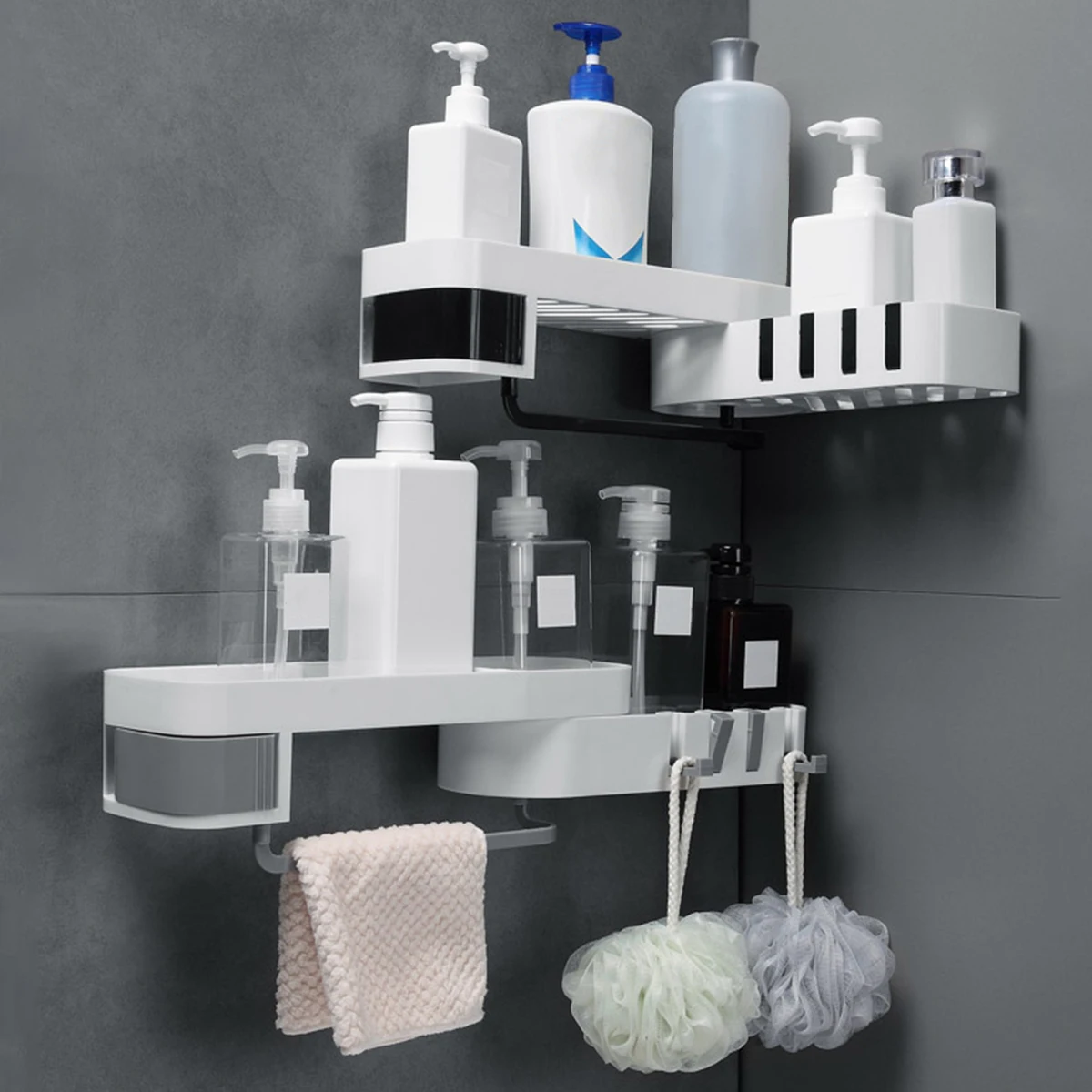 

Bathroom Corner Shower Shelf Corner Shower Caddy Reusable Wall Mounted Corner Organizer Storage Plastic 180° Rotatable Shampoo