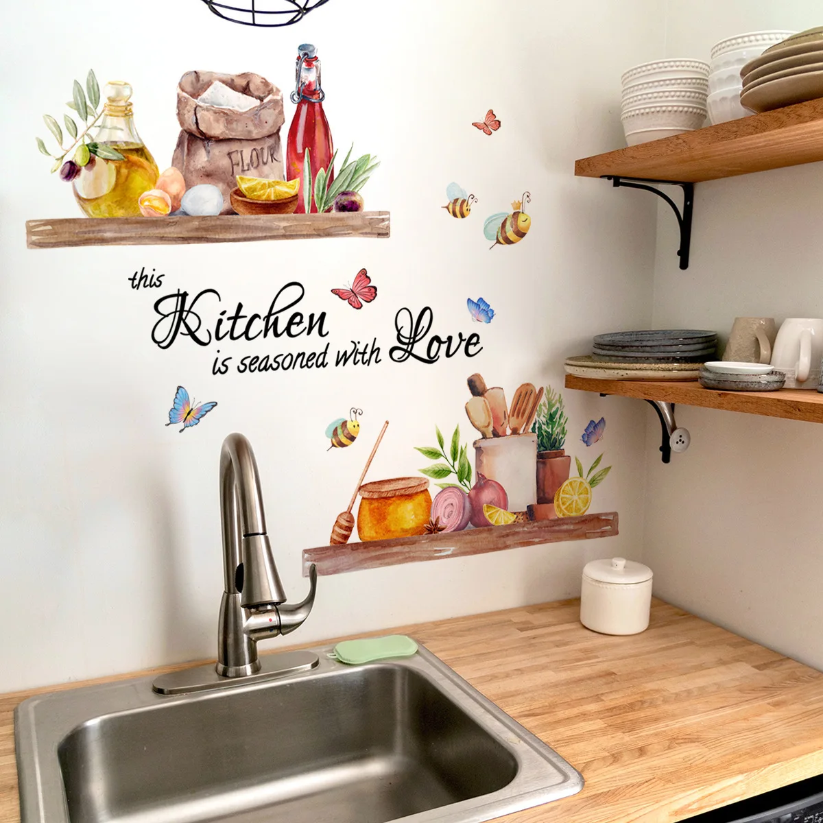 30*60cm English Kitchen Bee Butterfly Cartoon Wall Sticker Classic Background Wall Living Room Bedroom Decoration Sticker wall stickers self adhesive stickers kitchen wall sticker