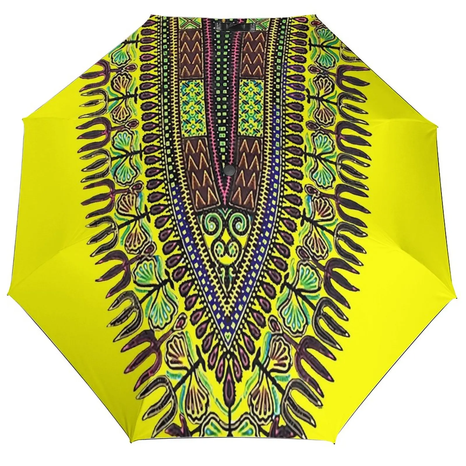 

Yellow Dashiki 3 Fold Non Automatic Umbrella African Print UV Protection Umbrella Portable Windproof Umbrellas for Men Women
