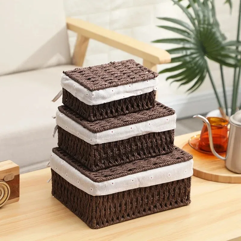 Handwoven Storage Box Rattan Storage Baskets with Lid Wicker Desktop Sundries Cosmetics Organizer Clothes Snack Toys Storage Box 3