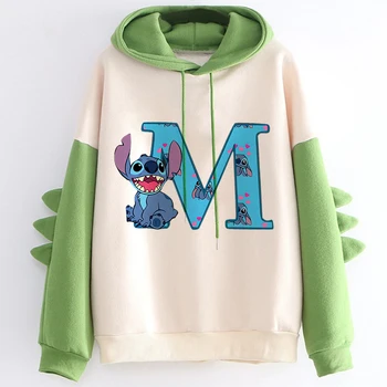 Kawaii Hoody Sweatshirts Women's Hoodies Cute Kawaii Disney Lilo & Stitch 26 English Letters Print Hoodie Dinosaur Streetwear