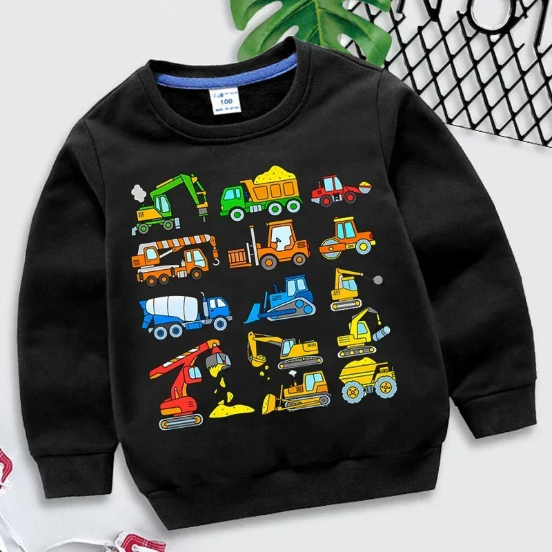 Kids Sweatshirts Excavator Print Hoodies Boys Girls Cartoon Waterwheel & Bulldozer Sweatshirts Children Clothing