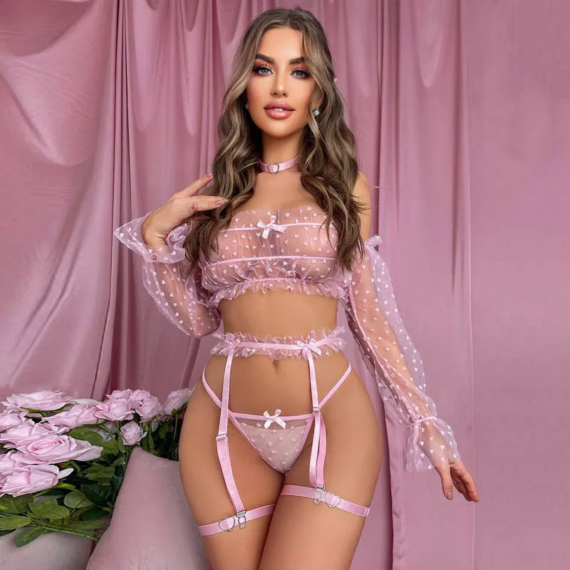 

Heart Mesh Long Sleeve Cropped Top Garter Belt Underwear Set for Women Sexy Perspective Erotic Lingerie Club Nightwear