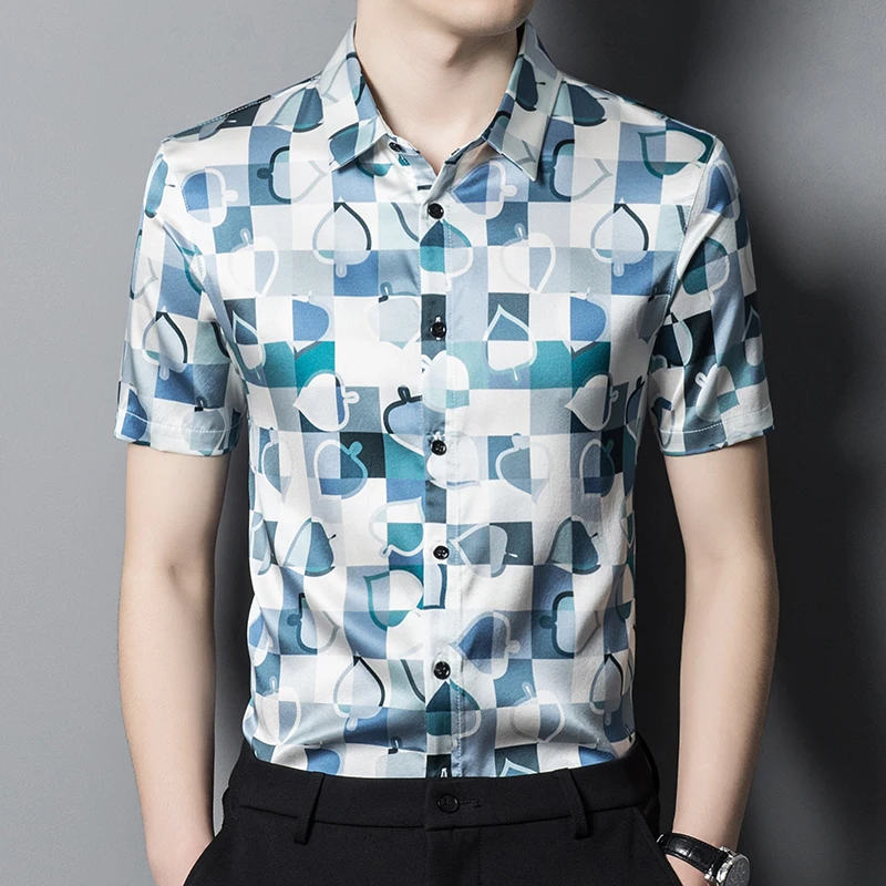 

Real Silk Short Sleeve Shirts For Men High-End Oversize 3D Print Summer Quality Soft Comfortable Banquet Gentleman Chemise Homme