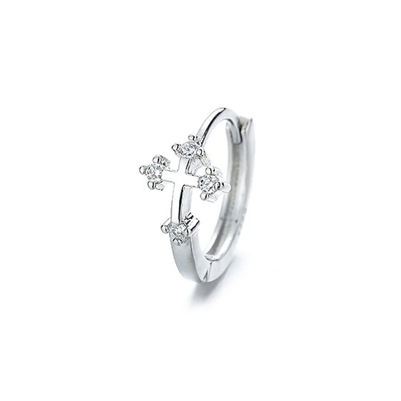 Silver hoop earring with cross design and zircon accents, displayed on product page for CIAXY couples earrings.