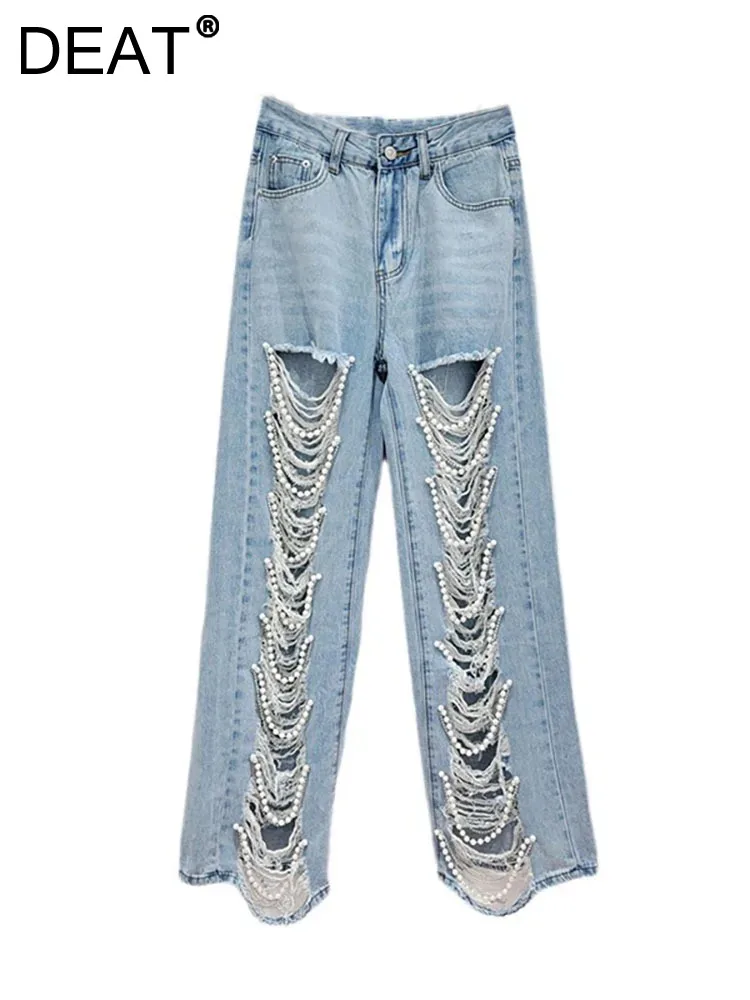 

Женские джинсы с бахромой DEAT, джинсы с высокой талией и цепочками, Украшенные бусинами и бриллиантами, лето 2024