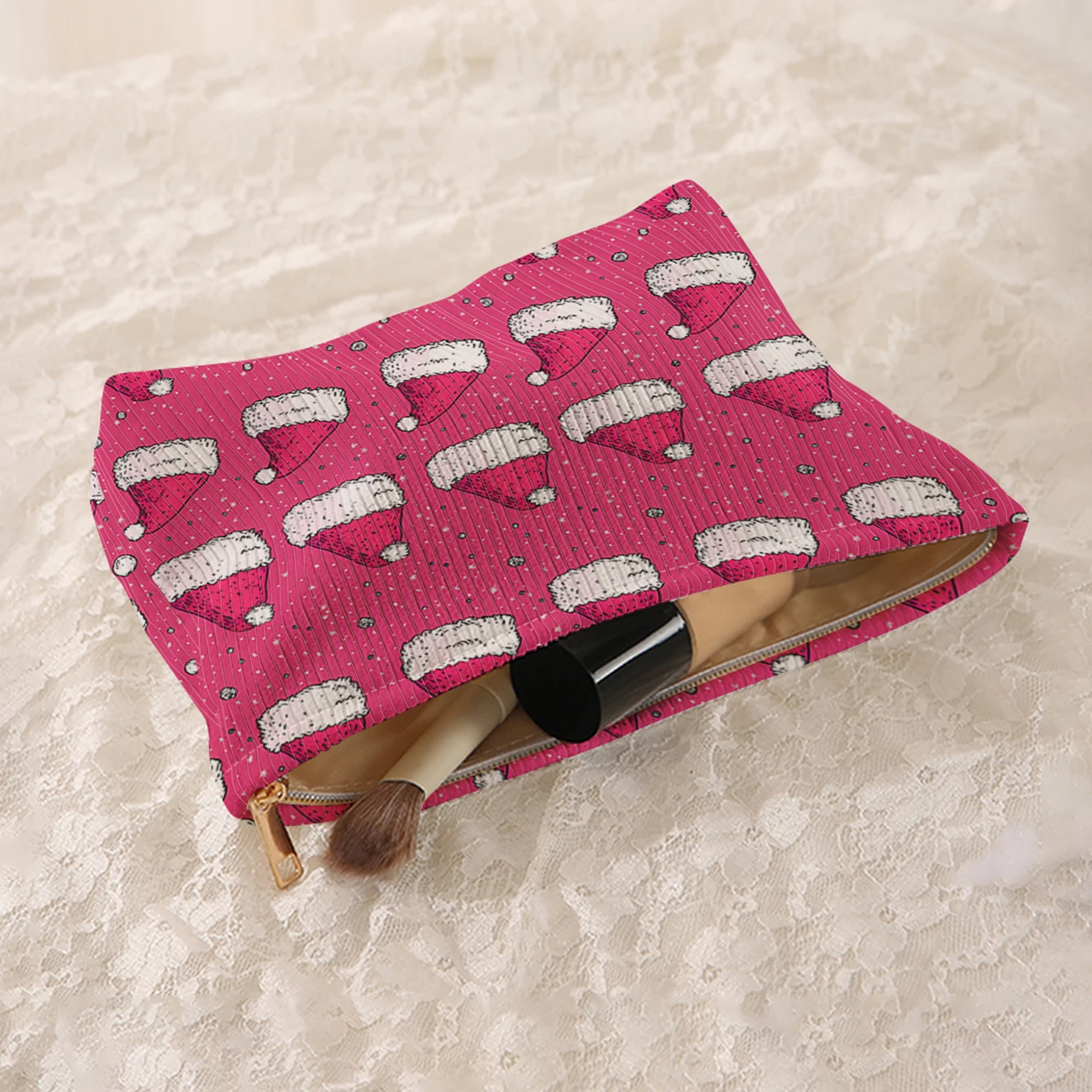 1 Christmas themed corduroy makeup bag, lightweight zipper makeup storage box, multifunctional bag with lining