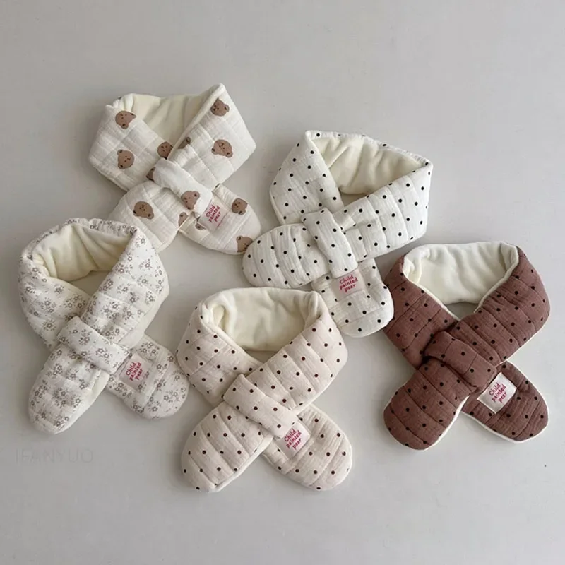 Children Cute Versatile Warm Scarves Winter Korean Plush Windproof Neckerchief Boy Girl Kid Cartoon Bear Dot Scarf Baby Clothing