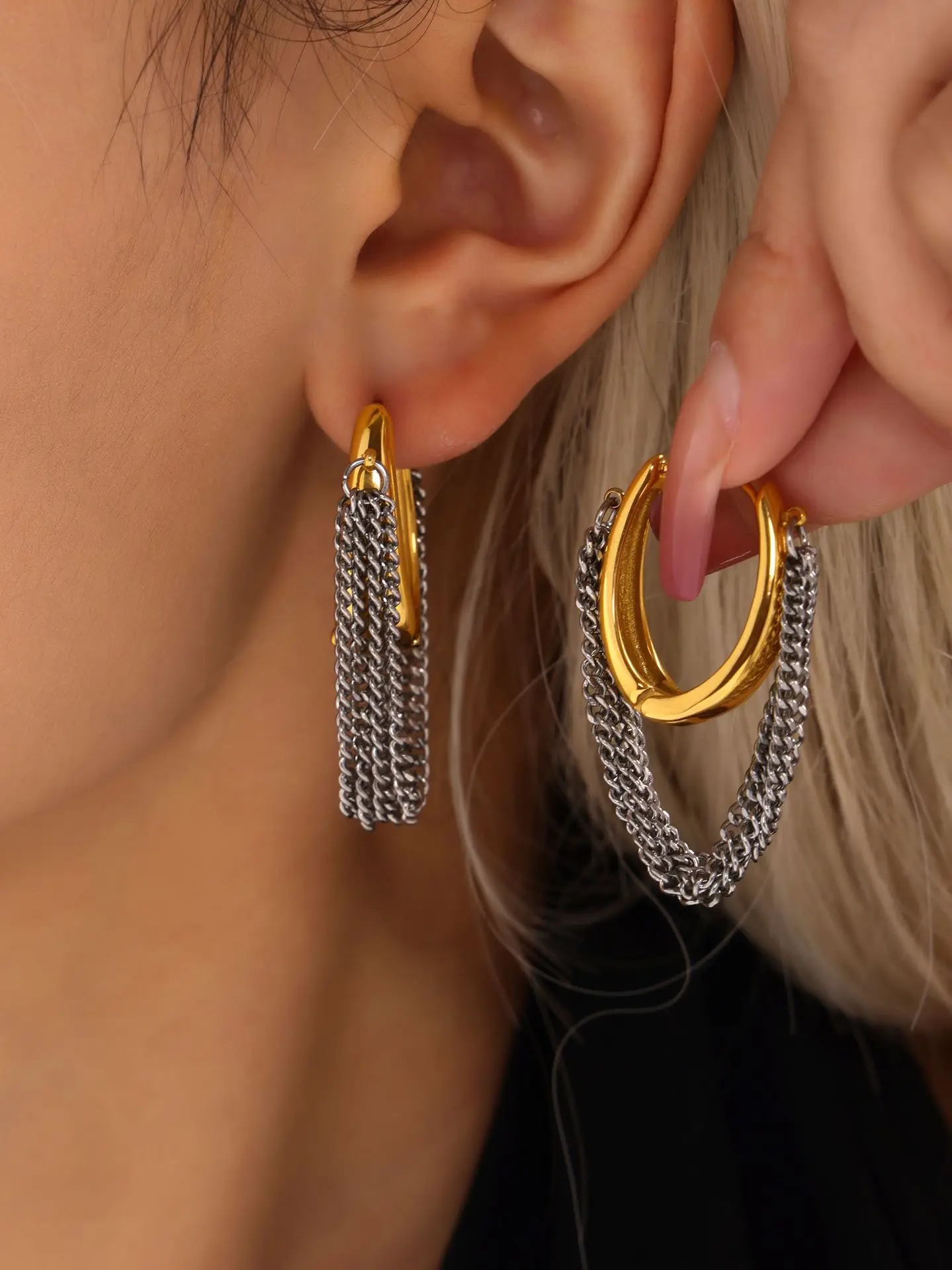Schicke Kette mit Quaste, Edelstahl, vergoldet, Ohrringe für Damen, wasserdicht, Charm-Ohrbügel, luxuriös, täglicher Schmuck, Geschenk – Detail 2