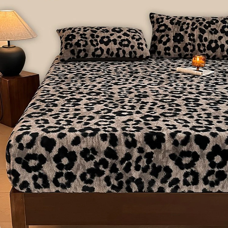 WOSTAR Fluffy rabbit plush elastic fitted sheet mattress protector cover leopard print winter warm coral fleece bedsheet 90/150 5