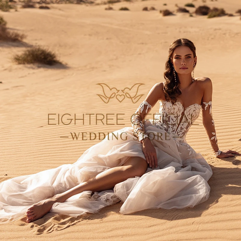 Eightree Boho A-Line Princess Wedding Dresses Sweetheart Appliques Tulle Bridal Dress Beach Wedding Ball Prom Gowns Customized