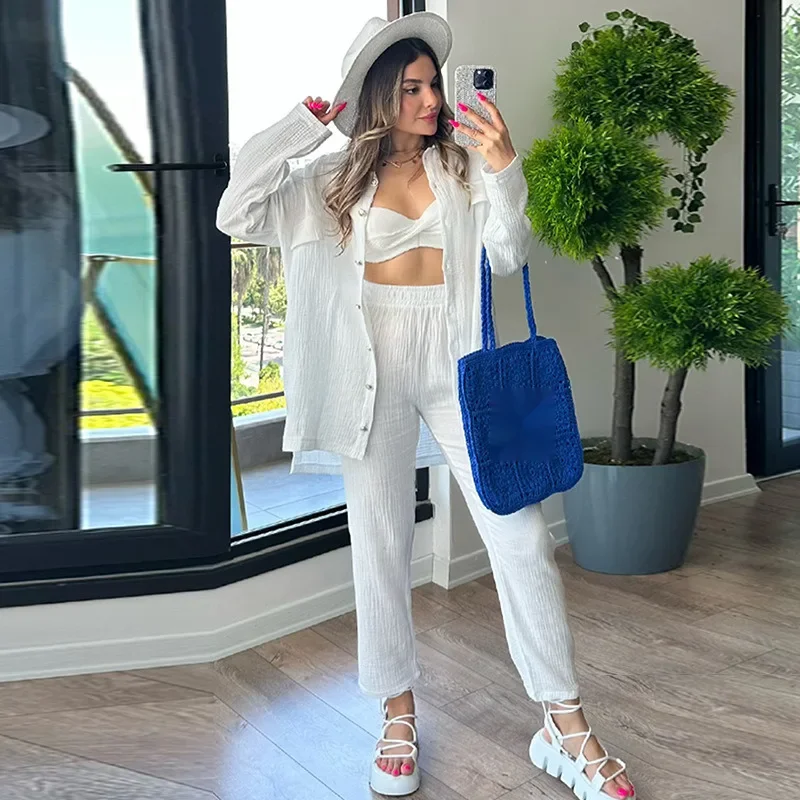 Women's Pant Suit Solid Color Long Sleeve Single Breasted Shirt Pocket Drawstring Pencil Pant Ankle Length High Waist Casual