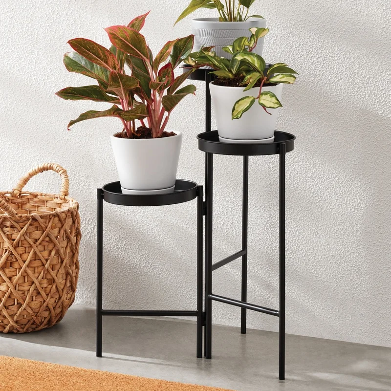 Black Metal 3 Tier Plant Stand Indoor Outdoor Flower Display Storage Rack Collapsible Design Durable Iron Construction Elegant