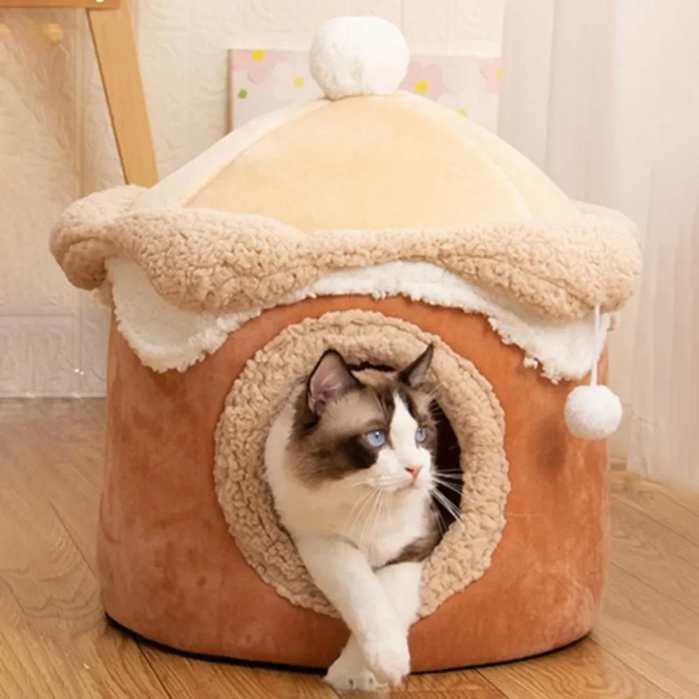 

Cat Dog House Cave Warm Winter Deep Sleep Pet Nest Geometric Ice Cream House Fun Comfort Nest for Small Medium Cat Dogs Kitten