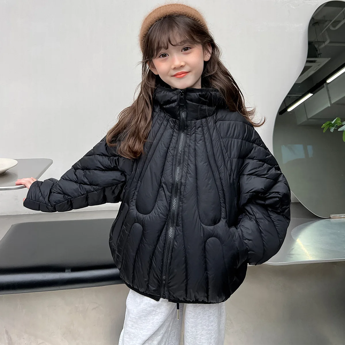 Winter Warm Girls Fashion Plain Cotton Lined Hooded Zip Puff Jackets School Kids Cropped Coats Child Outfits Windbreaker 5-14 Yr