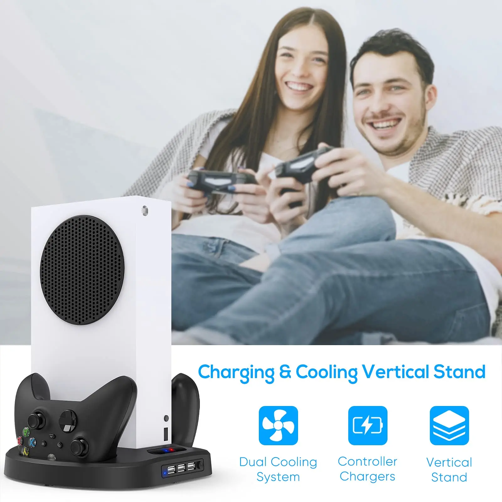 Xbox 시리즈 S 컨트롤러용 수직 충전 스탠드, 냉각 선풍기 충전기 도킹 스테이션, LED 표시기 및 3 USB 허브