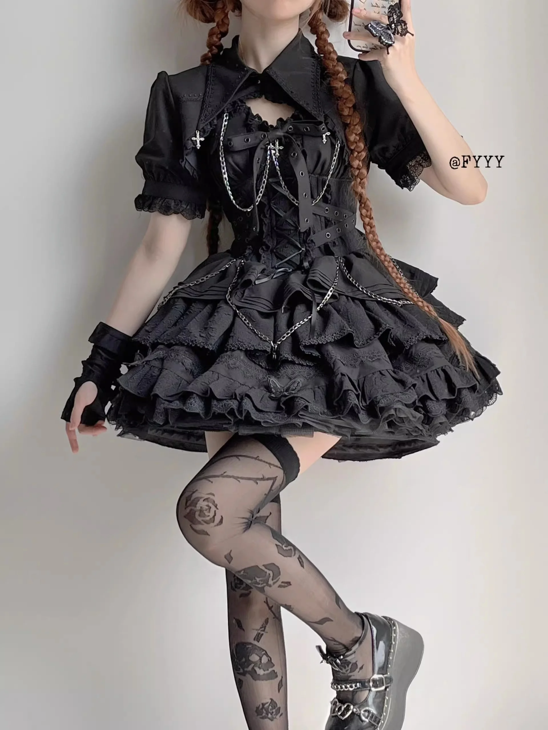 Black Gothic Camisole Slip Dress Lolita Suit Dog Short Dress Lolita Heavy Industry Pompony Princess