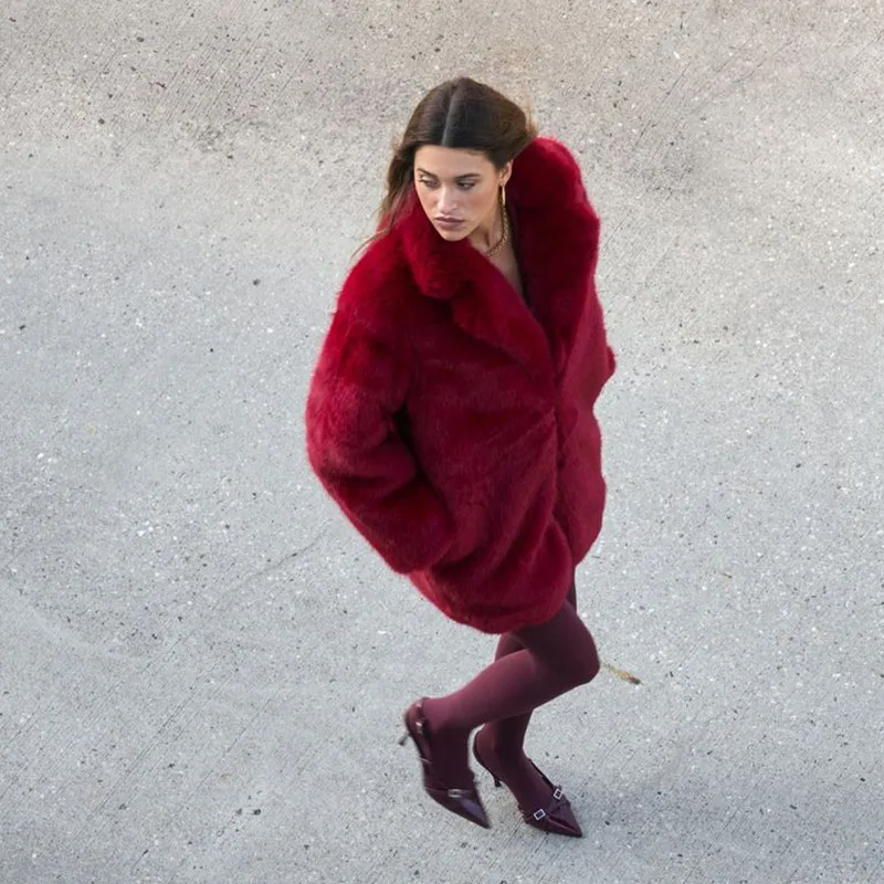 Luxury Women's Red Faux Fur Long Overcoat Fleece Thick Warm Full Sleeve Lapel Cardigan Coat Winter Fashion Loose Outerwear