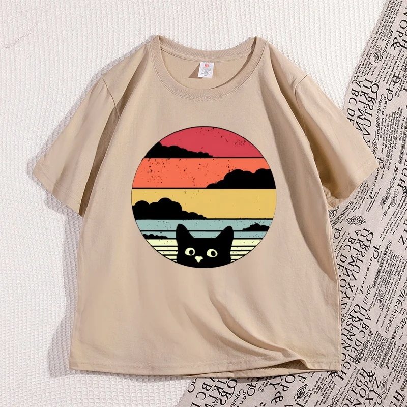 Vintage Black Cat Sunset Graphic Unisex T-Shirt - Cool Streetwear, Casual High-Quality Cotton Y2K Tee